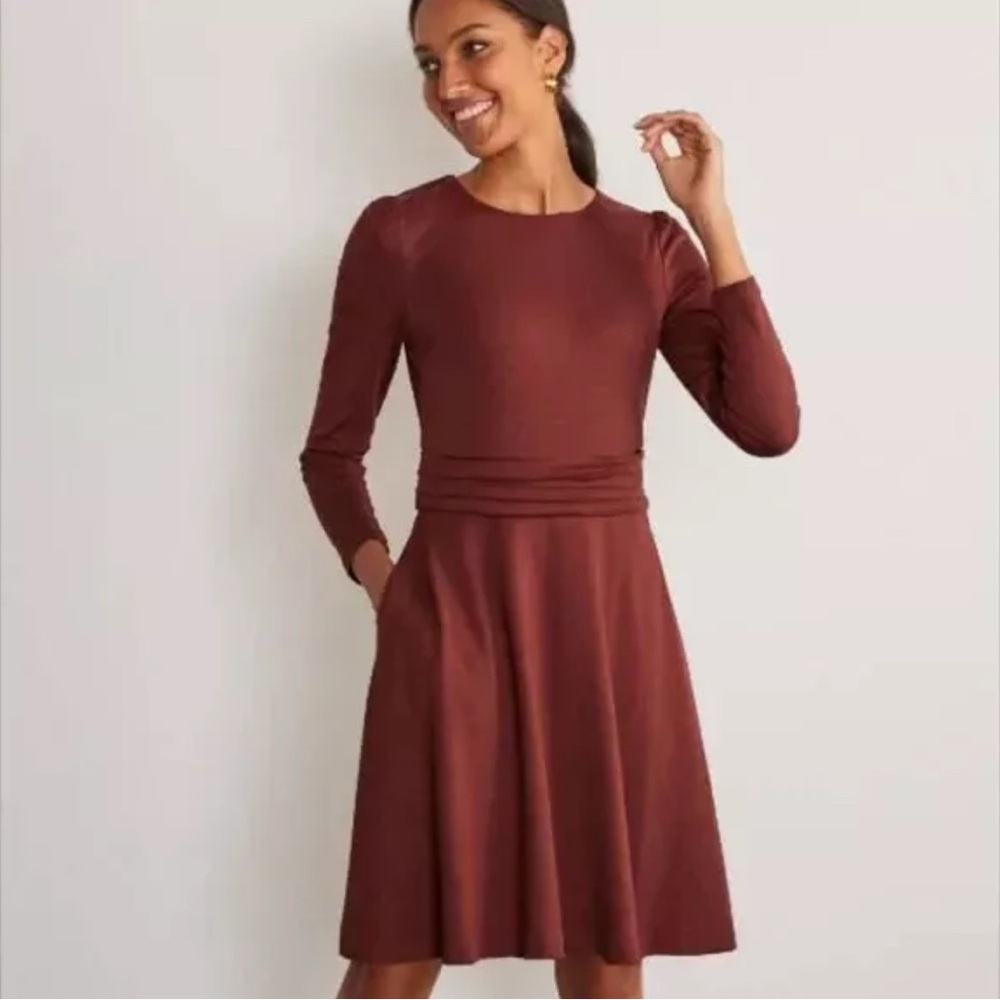 BODEN maggie ponte dress maroon 4 long women’s stretch ruched stomach